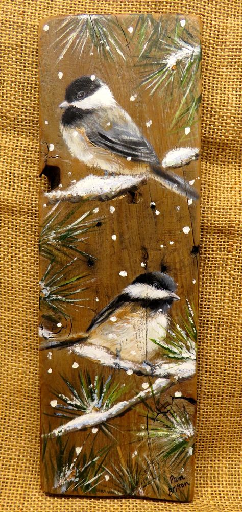 Beautiful Christmas Paintings, Paintings On Barnwood, Painted Wood Pieces, Christmas Bird Painting, Painted Boards Ideas, Barnwood Paintings, Painting Ideas On Wood Easy, Art On Wood Painting, Rustic Painting On Wood