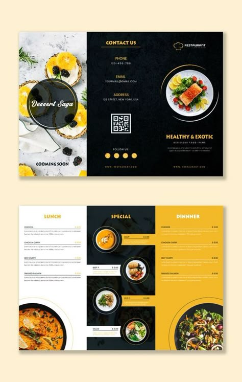 Restaurant Brochure Design Layout, Restaurant Trifold Brochure, Food Menu Brochure Design, Folding Menu Design, Brochure Design Restaurant, Tri Brochure Design, Tri Fold Menu Design, Food Pamphlet Design, Food Brochure Design Creative