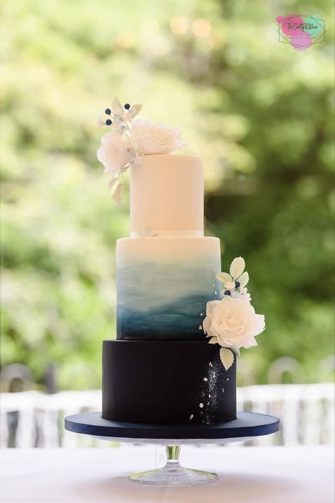 Navy Blue WaterColour Wedding Cake Navy Wedding Cake Ideas, Space Wedding Cake, Midnight Blue Cake, Dark Blue Wedding Cake, 3 Teir Wedding Cake, Navy Blue Wedding Cake, Navy Blue Cake, Navy Wedding Cake, Wedding Cake Dark