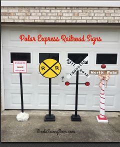 My daughter does an annual “Toys for Tots” &  Picture with Santa event. This year they are doing a Polar Express theme and she asked me to make some wooden train signs. I had everything but the paint with all of my wood scraps I have saved much to my husband’s complaining. I think they … Train Theme Christmas Decor, Polar Express Railroad Crossing Sign, Polar Express Ward Christmas Party, Diy Railroad Crossing Sign, Polar Express Christmas Float, Polar Express Christmas Party Ideas, Train Decorations Diy, Polar Express Party Decorations, Polar Express School Decorations