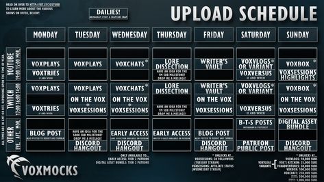 #VoxMocks content creation upload schedule and milestone unlocks. Check out my content! #YouTube: https://www.youtube.com/channel/UCLezxYllkymOEH3eddJAsxA #Twitch: https://www .twitch.tv/voxmocks #Blog: https://voxmocks.com Friday Saturday Sunday, Monday Tuesday Wednesday, Thursday Friday, Twitch Tv, Content Creation, Milestones, Content Marketing, Marketing, Tv