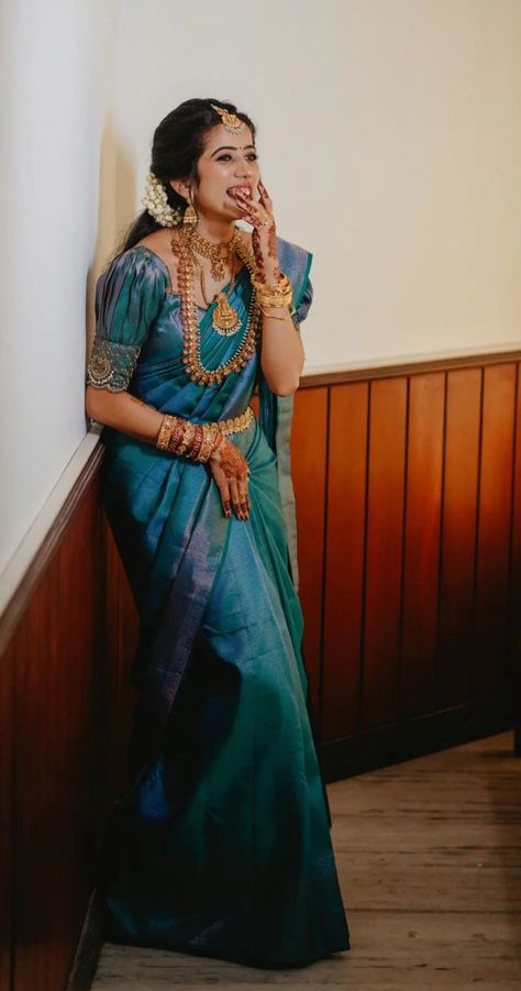 Teal Saree Look, Variety Saree Blouse Designs, Blue Manthrakodi Saree, Blue Wedding Saree Bridal Kerala, Peacock Blue Wedding Saree, Engagement Saree Engagement Saree Indian, Reception Sarees South Indian, South Indian Wedding Saree Collection, Engagement Sarees South Indian