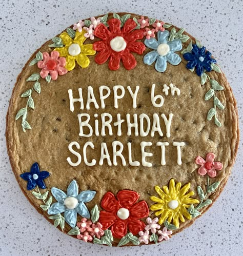 Cookie Cakes Decorated Birthday, Cookie Cake Icing Design, Decorated Cookie Cake Ideas, Girly Cookie Cake, Cookie Cake Letter, Birthday Message Cookies, Rectangle Cookie Cake, 18th Birthday Cookie Cake, Floral Cookie Cake