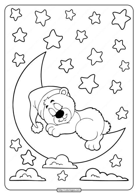 Sleeping Bear on the Moon Coloring Pages. #free #printable #sleeping #bear #moon #animals #coloring #drawing #coloringpages #boys #kids Sleeping Bear Drawing, Moon Cute Drawing, Care Bear Coloring Pages, Bear On The Moon, Sleeping On The Moon, Teddy Bear Coloring Pages, Moon Coloring Pages, Baby Coloring Pages, Coloring Drawing