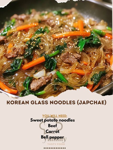 Sweet Potato Glass Noodles Recipe, Cook Sweet Potato, Japchae Recipe, Glass Noodles Recipe, Korean Glass Noodles, Sliced Onion, Potato Noodles, Korean Noodles, Sweet Potato Noodles