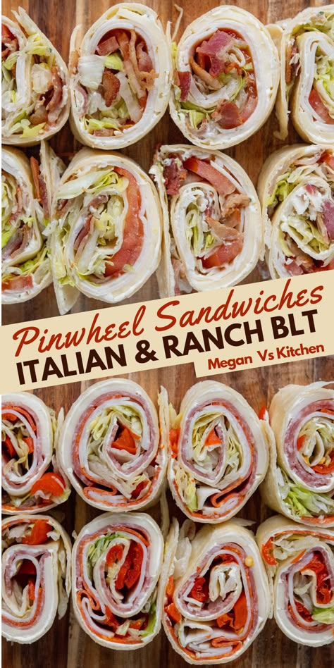 Let me tell you how to make Italian and Ranch BLT Pinwheel Sandwiches. They are easy to make and so good. Don’t limit yourself to having these as an appetizer for BBQs or holiday parties. These are great lunches for kids and adults. Aram Sandwiches Tortilla Rolls, Ranch Blt Pinwheels, Italian Sandwich Roll Ups, Tailgate Sandwiches Cold, Roll Up Sandwiches Parties, Blt Party Sandwiches, Charcuterie Board Mini Sandwiches, Blt For Crowd, Wrap Sandwiches For Party