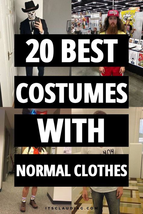 I’m obsessed with these costume ideas with normal clothes and I can’t wait to try all these Halloween costumes with normal clothes! Halloween Costume Normal Clothes, Historical Figures Costumes Diy, Improvised Halloween Costumes, Easy Last Minute Costume Ideas, Easy Costume For Men, Mclovin Costume, Costume Ideas For Work Women, Halloween Costumes With Normal Clothes, Hollywood Costume Ideas