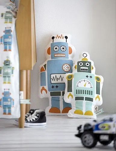 Robot Cushions Robot Themed Bedroom, Toddler Boy Bedrooms, Robot Bedroom, Robot Room, Robot Wall Art, Boy Toddler Bedroom, Boy Bedrooms, Themed Kids Room, Colorful Bedding