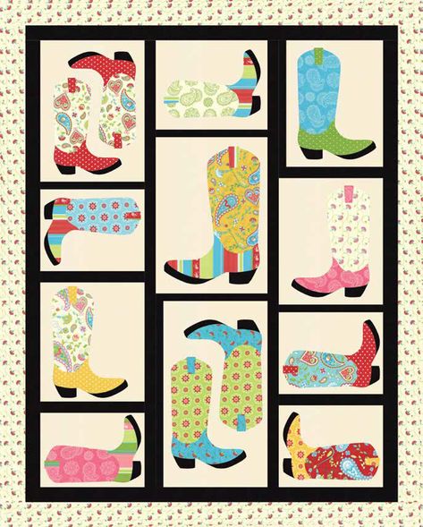 = free pattern = Cowboy Boots quilt, 56 x 70":  Caravan Roundup at Moda Fabrics (PDF download) Texas Quilt, Cowboy Quilt, Western Quilts, Horse Quilt, Applique Quilting, Patchwork Quilt Patterns, Boy Quilts, Patchwork Quilting, Quilting Patterns