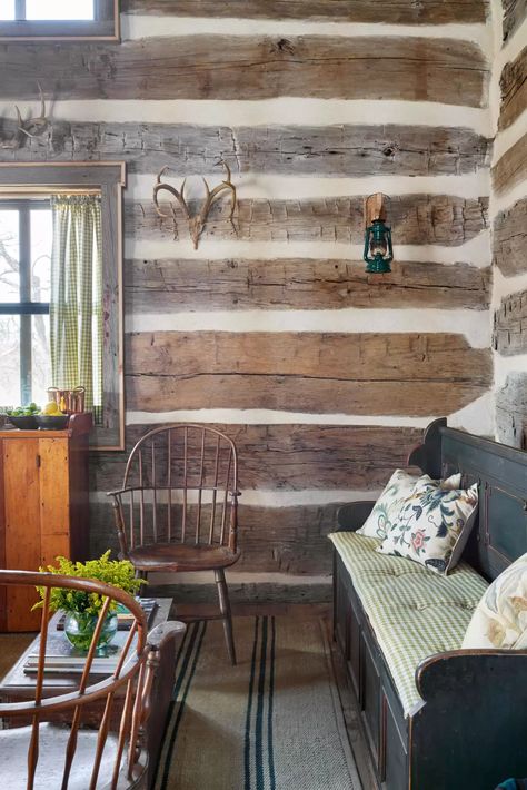 Mud Creek Cabin | House & Garden Faux Log Cabin Interior Walls, Faux Log Cabin Walls Diy, Chinking Interior Walls, Faux Log Cabin Walls, Faux Cabin Walls, Log Cabin Interiors, Cabin Walls, Primitive Cabin, Log Cabin Interior