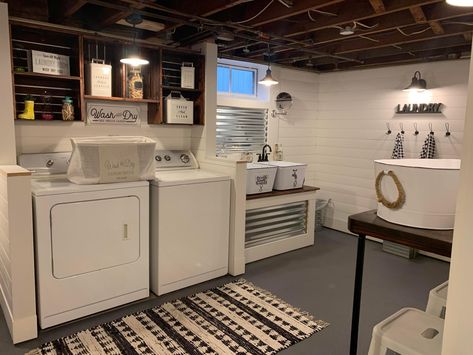 Basement Laundry Room Remodel, Laundry In Basement Unfinished, Small Square Laundry Room Layout, Basement Laundry Makeover, Basement No Windows, Basement Bathroom Laundry Combo, Unfinished Laundry Room Makeover, Laundry Room Ideas Basement, Washing Machine Plumbing