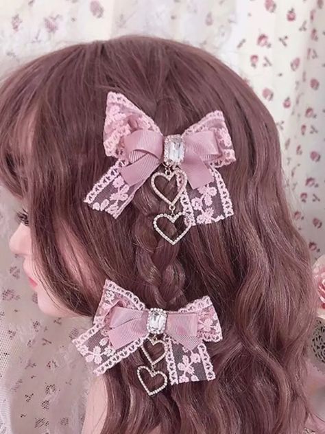 Heart Design Pink Jirai Kei Rhinestones Bowknot Hairclip Cute Heart Jewelry, Cute Pink Hair Accessories, Pink Heart Accessories, Pink Goth Accessories, Light Pink Accessories, Jirai Kei Accessories, Jirai Kei Hairstyles, Jirai Kei Hair, Pink Clothes Aesthetic