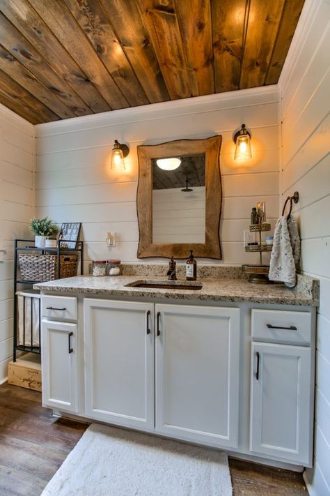 Shiplap Bathroom Ceiling, Stained Shiplap, Megan Wilson, Granite Bathroom, Shiplap Ceiling, Shiplap Bathroom, Cabin Bathrooms, We're Moving, Modern Farmhouse Bathroom