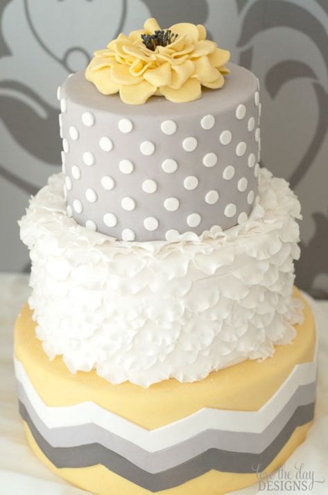 Shade of gray and yellow wedding cake tablescape. Description from pinterest.com. I searched for this on bing.com/images 30th Cake, Chevron Cakes, Yellow Wedding Cake, Dot Cake, Polka Dot Cakes, Cake Story, Cake Tips, Decorative Cakes, Patterned Cake