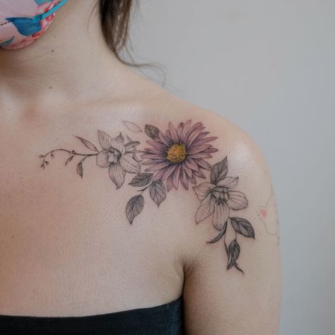 Aster Shoulder Tattoo, Wild Flower Shoulder Tattoo, Larkspur Flower Tattoos, Aster Flower Tattoo, Aster Tattoo, Aster Flower Tattoos, Larkspur Tattoo, Front Shoulder Tattoos, Tattoo Leggings