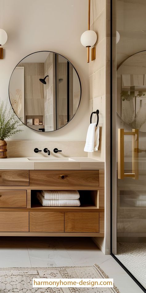 The Cozy Bathroom is equipped with soft textiles and warm lighting, making it the perfect spot for relaxation. Mountain Modern Bathroom, Light Oak Cabinets, Tranquil Bathroom, Sleek Decor, Cozy Bathroom, Warm Lighting, Traditional Styles, Brass Bathroom, Mountain Modern