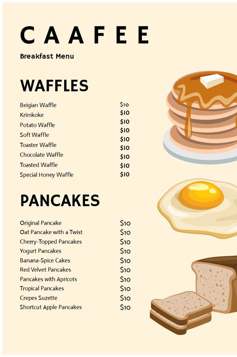 Waffle Menu Board, Waffle Menu Design Ideas, Pancake Menu Ideas, Waffle Menu Ideas, Pancake Menu Design, Breakfast Cafe Design, Breakfast Menu Ideas Restaurant, Cafe Breakfast Menu Ideas, Waffle Menu Design