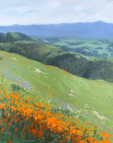 Flower Field Watercolor, California Poppy Art, Poppy Field Painting, California Poppies, Valley Landscape, Poppy Painting, Flower Landscape, California Poppy, Mountain Paintings