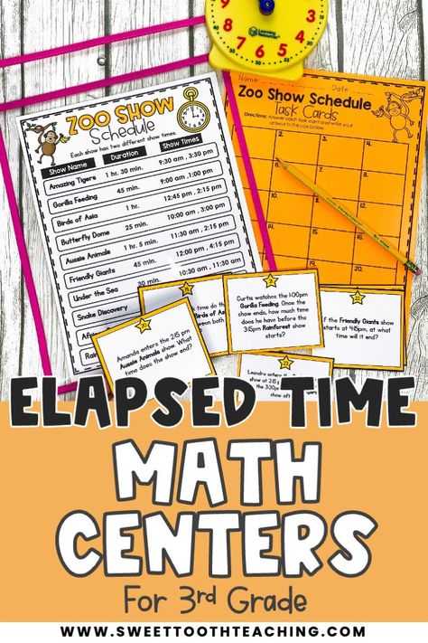 "Are you teaching elapsed time to your 3rd grade students? These elapsed time activities give students practice with skills such as telling time using a number line, telling time using analog and digital clocks, differentiating between AM and PM activities, and more. These math centers for 3rd grade are the perfect engaging activities for telling time practice. Elapsed Time 3rd Grade, Time 3rd Grade, Elapsed Time Activities, Centers For 3rd Grade, 3rd Grade Math Centers, Telling Time Practice, Math Groups, Math Center Activities, Math Time