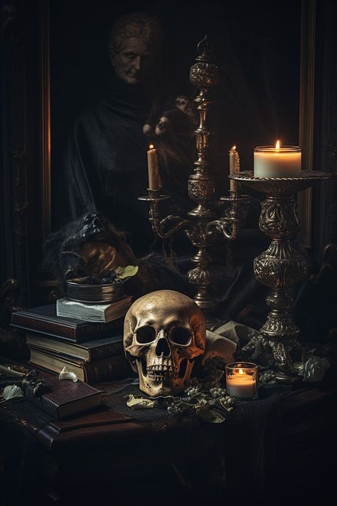 Horror stillife Vanitas Photography, Gothic Still Life, Whimsigothic Decor, Cottage Halloween, Pagan Inspiration, Gothic Manor, Gothic Cottage, Gothic Artwork, Skeleton Illustration