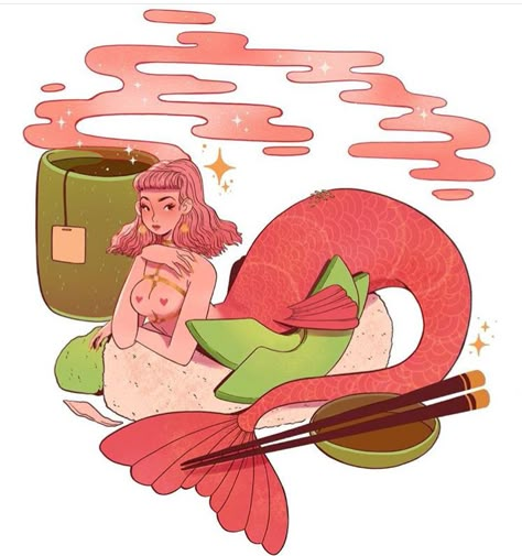 Sushi Mermaid, Tuna Sushi, Pix Art, Everyday Art, Mermaid Art, 영감을 주는 캐릭터, Pin Up Art, Illustration Character Design, Funky Art