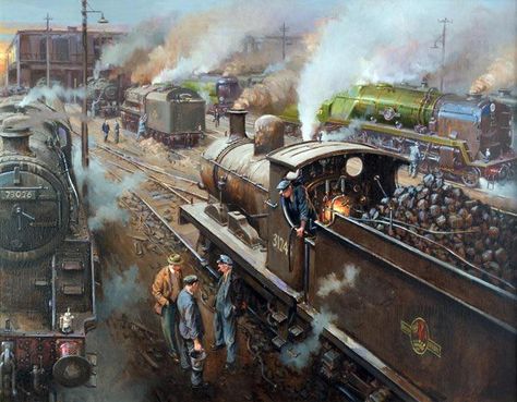 Helen Warlow on Twitter: "20.40 steamer, is on depot somewhere in the Southern Region. Running Foreman is lecturing a footplate crew. ..#Steamy http://t.co/P3bks75RF4" Orient Express Train, Transport Pictures, Train Images, Ship Wrecks, Steam Art, Training Puppy, Railroad Art, Great Western Railway, Train Posters