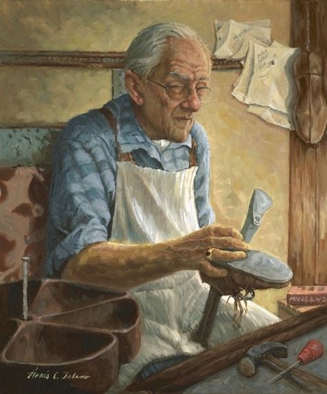 THE SHOE COBBLER, BY LOU TALAMO Shoe Cobbler, Painting Competition, Artwork Images, How To Make Shoes, Online Painting, Artist Websites, The Elf, Cobbler, Web Browser