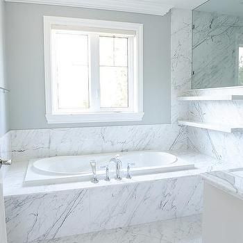 Marble Clad Tub with Glass Shelves - Transitional - Bathroom Built In Jacuzzi Tub Bathroom, Stone Backsplash Bathroom, Backsplash With Dark Cabinets, Marble Tub, Shower Tub Combination, Stainless Steel Backsplash, Beautiful Bathroom Designs, Farmhouse Backsplash, Beadboard Backsplash