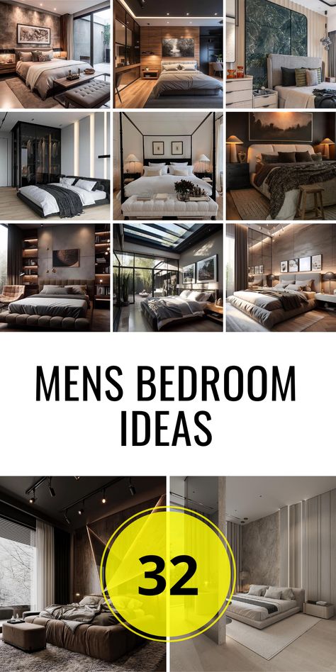 Explore 32 Mens Bedroom Ideas for Modern Masculine Style | Ultimate Guide - placeideal.com Masculine Bedroom Colors, Bedroom Ideas For Small Rooms Men Modern, Men Bedroom Color Schemes, Mens Bedroom Decor Masculine Interior, Modern Bedroom Men, Men’s Aesthetic Bedroom, Manly Bedroom Ideas, Bachelor Bedroom Masculine Interior, Manly Bedroom