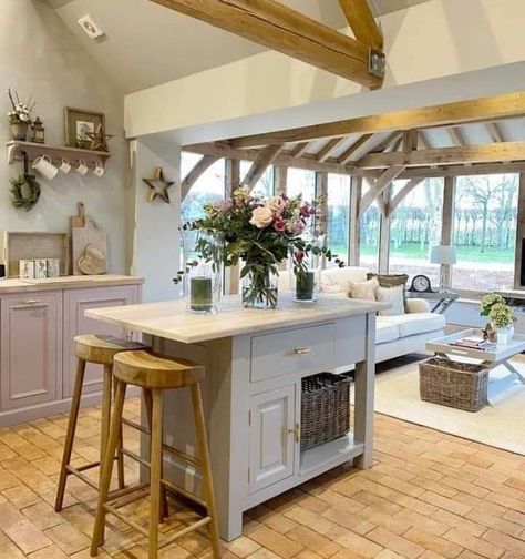 Country Cottage Kitchen, Barn Kitchen, Help Needed, Open Plan Kitchen Living Room, Brick Flooring, Kitchen Extension, The Brick, Wooden Beams, Kitchen Diner