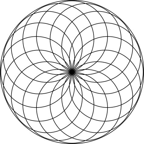 Circular rosette with 16 petals in a circle. It is made by rotating circles about a fixed point. The radii of the smaller circles is equal to the distance between the point of rotation and the center of the circle. Thus, the circles meet in the center of the larger circle. Sacred Geometry Patterns, Sacred Geometry Art, Mandalas Painting, Mandala Design Pattern, Geometric Drawing, Geometry Pattern, Mandalas Design, Geometry Art, Decorative Borders