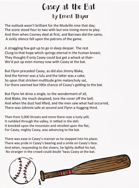 Poem by Ernest Lawrence Thayer Casey At The Bat Poem, Bat Poems, Funny Poems For Kids, Inspiring Poems, Casey At The Bat, Funny Poems, Children's Stories, Poetic Words, Poetry Lessons