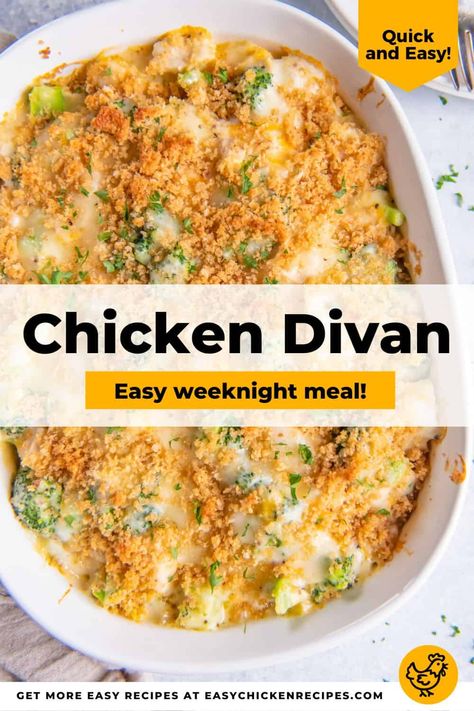 This classic chicken divan recipe is the ultimate comfort food. Juicy chicken smothered in a creamy cheese sauce with fresh broccoli, and topped with buttery breadcrumbs, makes this signature dish an easy family favorite! Campbells Chicken Divan Recipe, Chicken Divine, Chicken Divan Casserole, Chicken Divan Recipe, Cabin Food, Chicken Smothered, Creamy Cheese Sauce, Chicken Divan, Chicken Casseroles