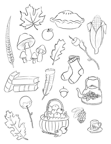 Coloring Stickers Printables, Easy Fall Sketches, Cute Fall Sketches, Fall Outline Drawings, Autumn Doodle Art, Aesthetic Fall Coloring Pages, Sticker Coloring Pages, Fall Doodles Aesthetic, Free Autumn Coloring Pages