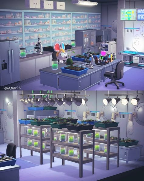 Acnh Pharmacy, Animal Crossing Laboratory, Acnh Laboratory, Acnh Doctor Office, Botany Laboratory, Acnh Interior, Happy Home Paradise, Science Room, Technology Theme