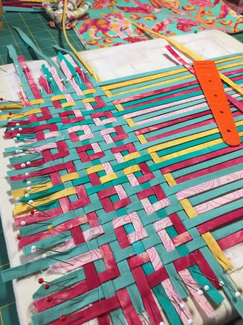 weaving fabric strips – mulberrypatchquilts Strip Fabric Projects, Ribbon Weaving Projects, Fabric Weaving Patterns, Weaving With Fabric Strips, Fabric Strips Projects, Weaving Fabric Strips, New Quilts, Ribbon Weaving, Weaving Fabric