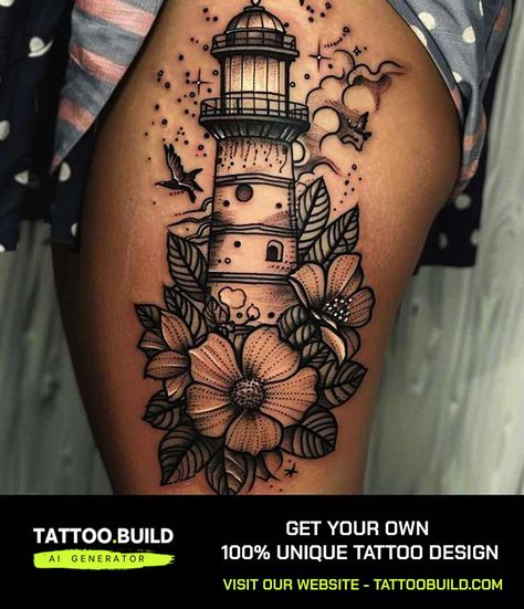 Stunning Lighthouse Tattoo Design #tattoo #tattoodesign #tattooideas #tattooart #tattoooftheweek #floraltattooart #flowertattoos #thightattoo #womenstattoo #lighthousetattoo Lighthouse And Mermaid Tattoo, Girly Lighthouse Tattoo, Neo Traditional Lighthouse Tattoo, Lighthouse Tattoos For Women, Lighthouse Tattoo For Women, Merman Tattoo, Lighthouse Tattoo Design, Light House Tattoo, Tentacle Tattoo