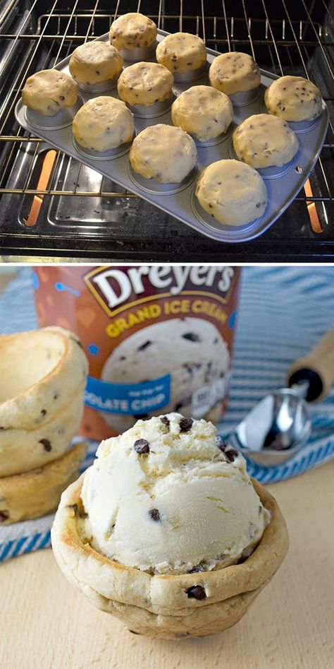 Chocolate Chip Cookie Bowls, Cookie Bowls, Chocolate Chip Ice Cream, God Mat, Ice Cream Cookies, Good Eat, Think Food, Yummy Sweets, Chocolate Chip Cookie