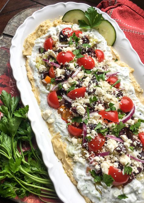 Mouthwatering Mediterranean Layer Dip Recipe Greek Hummus Dip, Mediterranean Dip, Greek Dinner, Layered Dip Recipes, Greek Dip, Dip Dip, Homemade Chips, Layer Dip, Easy Appetizers