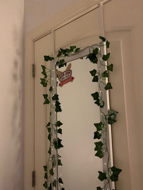 Vines On Mirror Bedroom, Vines Over Mirror, Vines On Door Bedroom, Dorm Mirror Decorations, Aethstetic Mirror, Decorated Full Length Mirror, Fake Vines Around Mirror, Door Mirror Ideas Decor Bedroom, Cute Mirror Decor