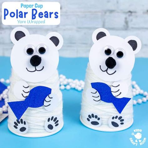 This yarn wrapped Paper Cup Polar Bear Craft is very cute and fun. It's a lovely winter craft for kids to build fine motor skills and to go with Arctic study units. #kidscraftroom #kidscrafts #polarbearcrafts #arcticcrafts #wintercrafts #papercupcrafts Arctic Animals Crafts, Winter Animal Crafts, Paper Cup Crafts, Urs Polar, Polar Bear Craft, Fun Winter Crafts, Polar Bear Art, January Crafts, Kids Craft Room