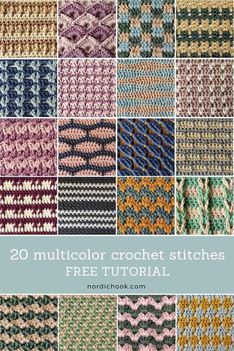 Here are 20 beautiful multicolor crochet stitches. Most of these stitches can be worked as two-color crochet stitches. I also included suggestions for free crochet patterns for some of them. Crochet Stitches With 2 Colors, Crochet Two Color Pattern, How To Crochet Color Work, Two Colour Crochet Patterns, Crochet Stitch Combinations, Crochet Chart Pattern Free, Multi Color Yarn Crochet, Crochet Patterns Multiple Colors, Funky Crochet Stitches