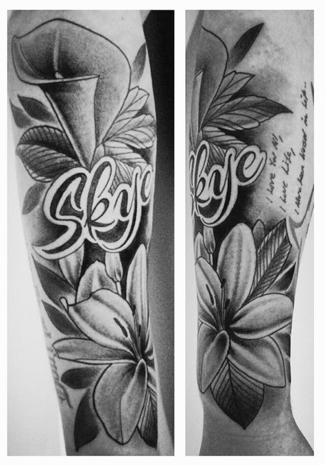 Skye name tattoo with two different lily flowers and shading Name Tattoo Shaded, Skye Tattoo, Boyfriend Name Tattoos, Tattoo Planning, Symbol For Family Tattoo, Mother Son Tattoos, Baby Name Tattoos, Pawprint Tattoo, Throat Tattoo