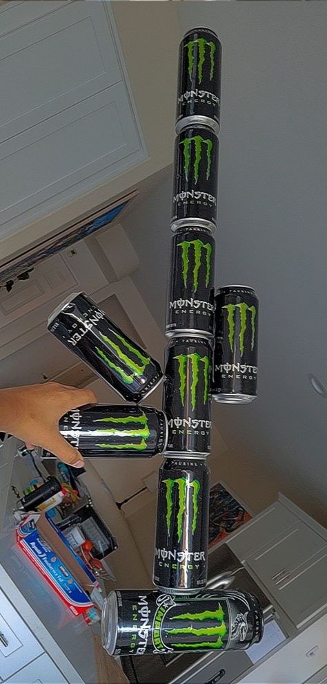 Monster Cans Hanging From Ceiling, Monster Bottle Craft, Monster Can Collection, Monster Cans Crafts, Monster Energy Crafts, Monster Can Art, Monster Can Ideas, Monster Can Crafts, Monster Energy Cake