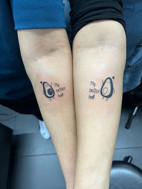 Couple tattoo, best idea for couples tattoo Better Half Tattoo, Friendship Tattoo Ideas, Half Tattoo, Tattoo Ideas Cute, Matching Friendship Tattoos, Avocado Tattoo, Friendship Tattoo, Anniversary Tattoo, Couple Tattoo