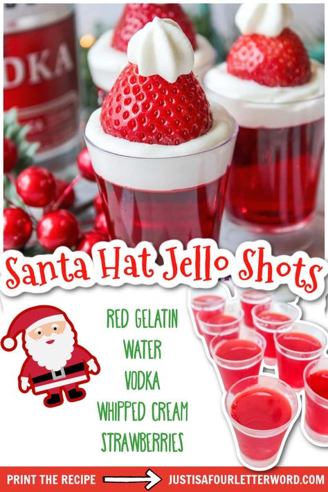 Deck the halls and check out these Santa hat Jello shots! Start with your favorite red gelatin flavor and add vodka to make a festive adult treat that is topped with a fresh strawberry and whipped cream. Santa Hat Jello Shots, Santa Jello Shots, Jell-o Shots With Whipped Vodka, Jell-o Shots Christmas, Christmas Jell-o Shots, Vodka Jello Shot Recipes, Santa Shots, Alcohol Jello Shots, Holiday Jello