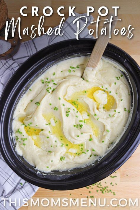 These crock pot Mashed potatoes are the ultimate comfort food side dish. They are super rich and creamy with hardly any effort which makes them a must-try recipe! Mashed Potato Crockpot Recipes, Mash Potato Recipes Crock Pot, Slow Cooked Mashed Potatoes, Slower Cooker Mashed Potatoes, Slow Cooker Mash Potatoes Recipe, Best Crock Pot Mashed Potatoes, Crock Mashed Potatoes, Thanksgiving Potatoes Crock Pot, Homemade Mashed Potatoes Crock Pot