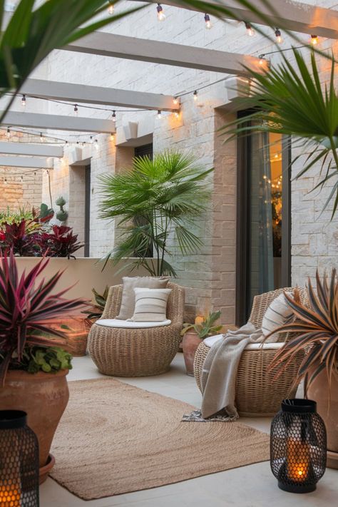 Elevate your balcony decor with a modern rustic style! Think neutral jute rugs, cozy throws, and wicker seating, complemented by warm lighting and the natural beauty of brick or stone walls. #ModernRusticDecor #BalconyDesign #RusticElegance #WickerFurniture #CozyBalconyVibes #JuteRugs #PottedPlantsDecor #StringLights #NaturalStoneWalls #ModernRusticStyle Rugs Cozy, Modern Rustic Style, Modern Rustic Decor, Jute Rugs, Warm Lighting, Rustic Retreat, Stone Walls, Outdoor Retreat, Balcony Design