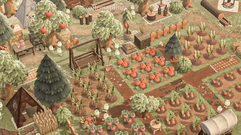 Acne Forestcore, Acne Farm Ideas, Animal Crossing Vegetable Garden Ideas, Animal Crossing Island Aesthetic, Forestcore Animal Crossing, Animal Crossing Vegetable Garden, Animal Crossing Farm Ideas, Acnh Farm Design, Animal Crossing Farm