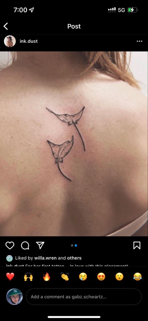 Small Marine Animal Tattoos, Hawaiian Animal Tattoo, 2 Stingray Tattoo, Back Ocean Tattoo, Stingray Back Tattoo Women, Two Manta Rays Tattoo, Tattoo Ideas Stingray, Manta Ray Line Tattoo, Fine Line Sting Ray Tattoo